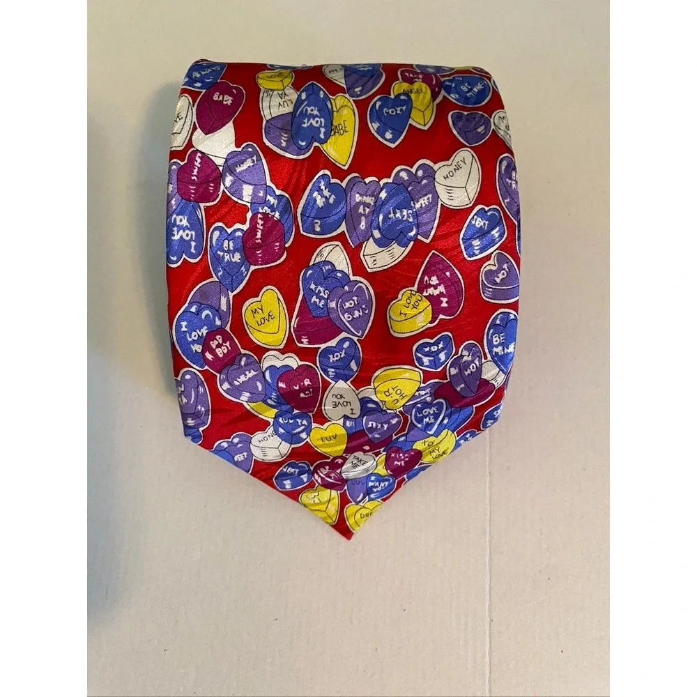 Red Silk Conversation Hearts Valentine Candy Print Mens Necktie Holiday Tie